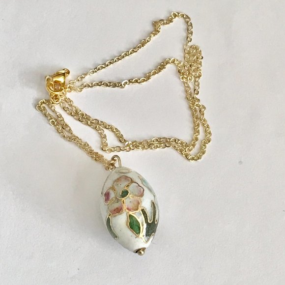 Vintage Cloisonne Flower Egg Oval Bead Necklace Aqua Pink Enamel Gold Plated 18" - Picture 9 of 11